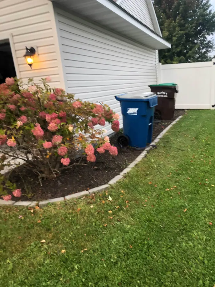 Rock border edging a hydrangea bed beside a house
